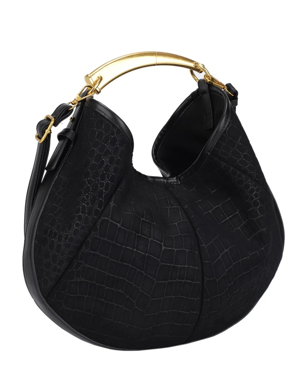 Black Croc-Embossed Suede Hobo Bag with Gold Handle